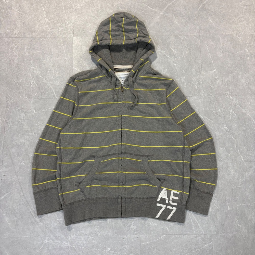 American Eagle Mens XL Vintage Fit Striped Zip Up Hoodie Gray Yellow AE 77